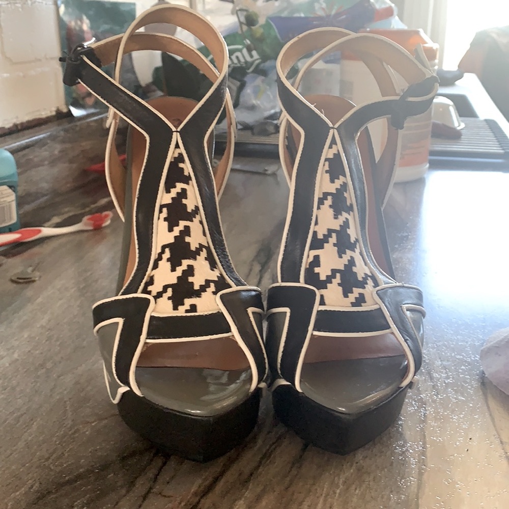 L.A.M.B. Black and White Houndstooth T-Strap Platform Heels